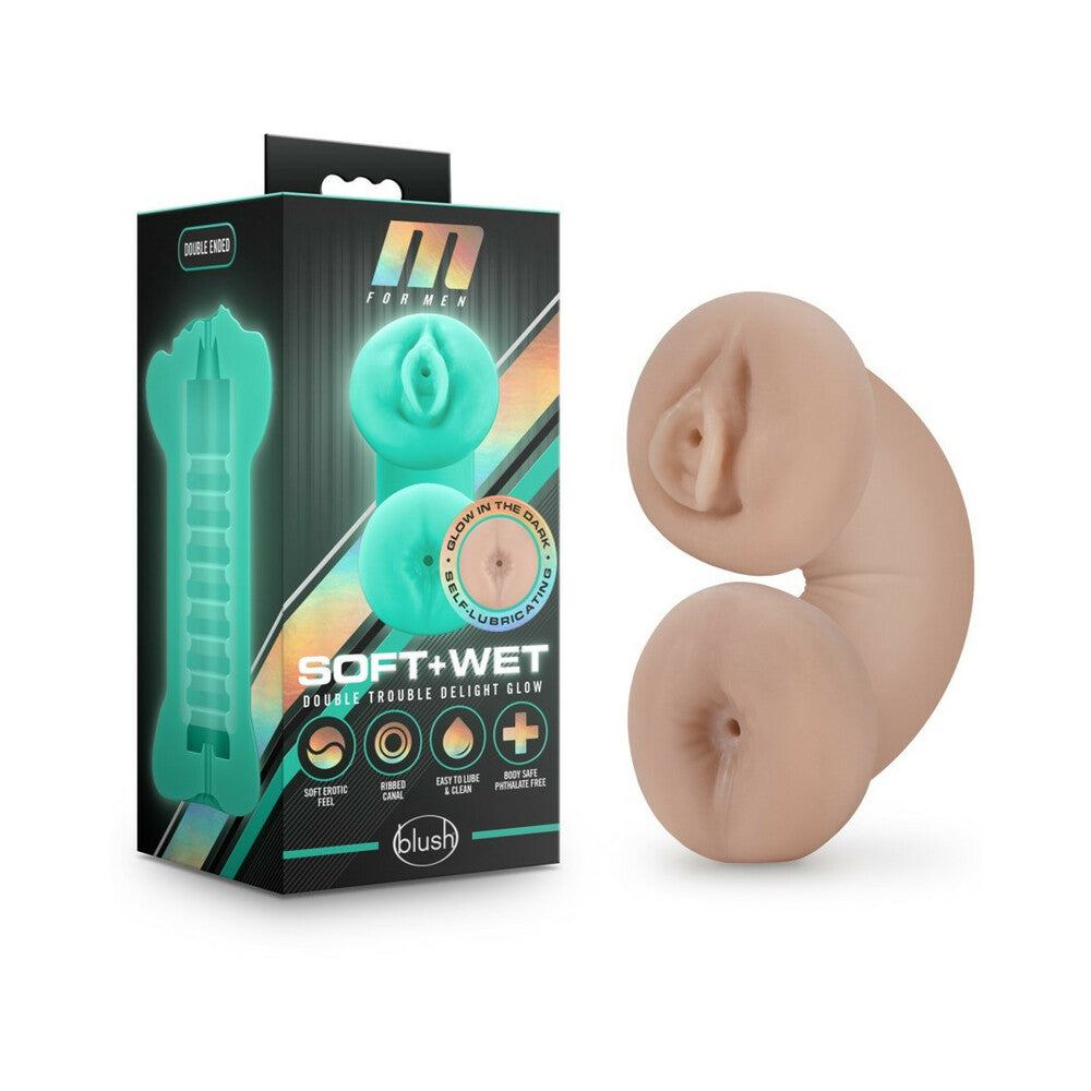 M for Men Double Trouble self-lubricating glow-in-the-dark soft and wet beige stroker with double-ended design and body-safe TPE material