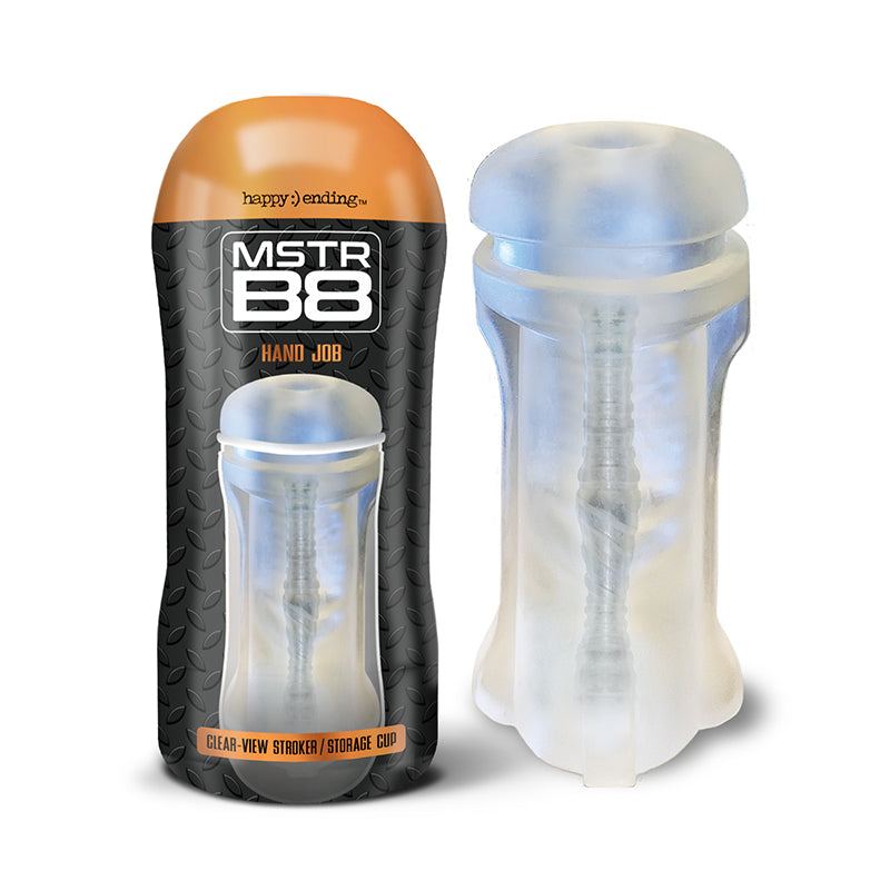 Happy Endings MSTR B8 clear shower stroker cup with dual air holes and no-lube design
