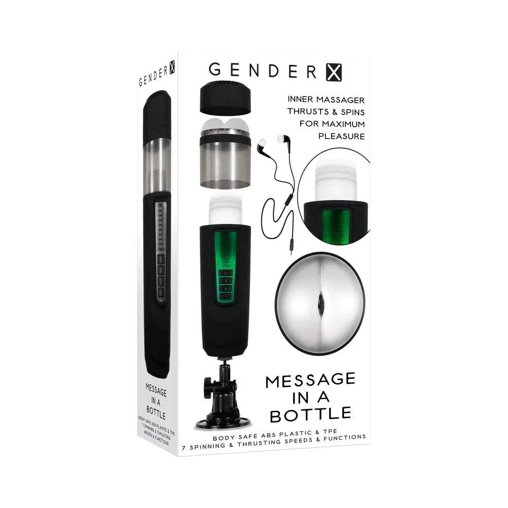 Gender X Message In A Bottle rechargeable thrusting and spinning stroker with suction cup base in black, featuring 7 speeds, turbo mode, audio voices with headphones, and transparent textured sleeve.