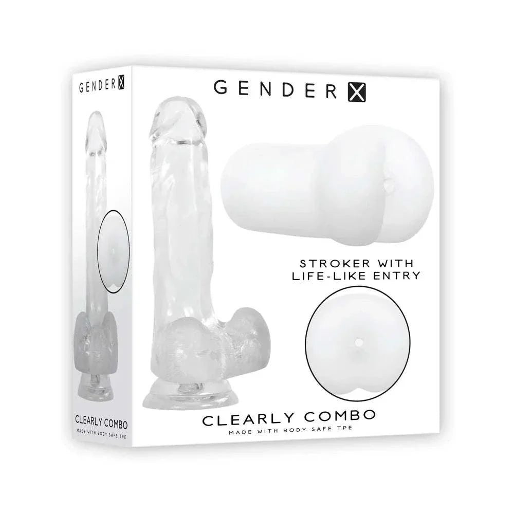 Gender X Clearly Combo 2-piece clear realistic dildo with suction base and frosted anal entry stroker set.