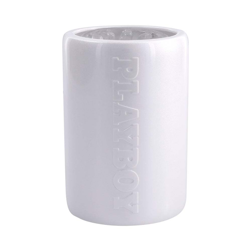 White Playboy Spin Doctor rechargeable spinning stroker sleeve with textured inner channel and ergonomic design