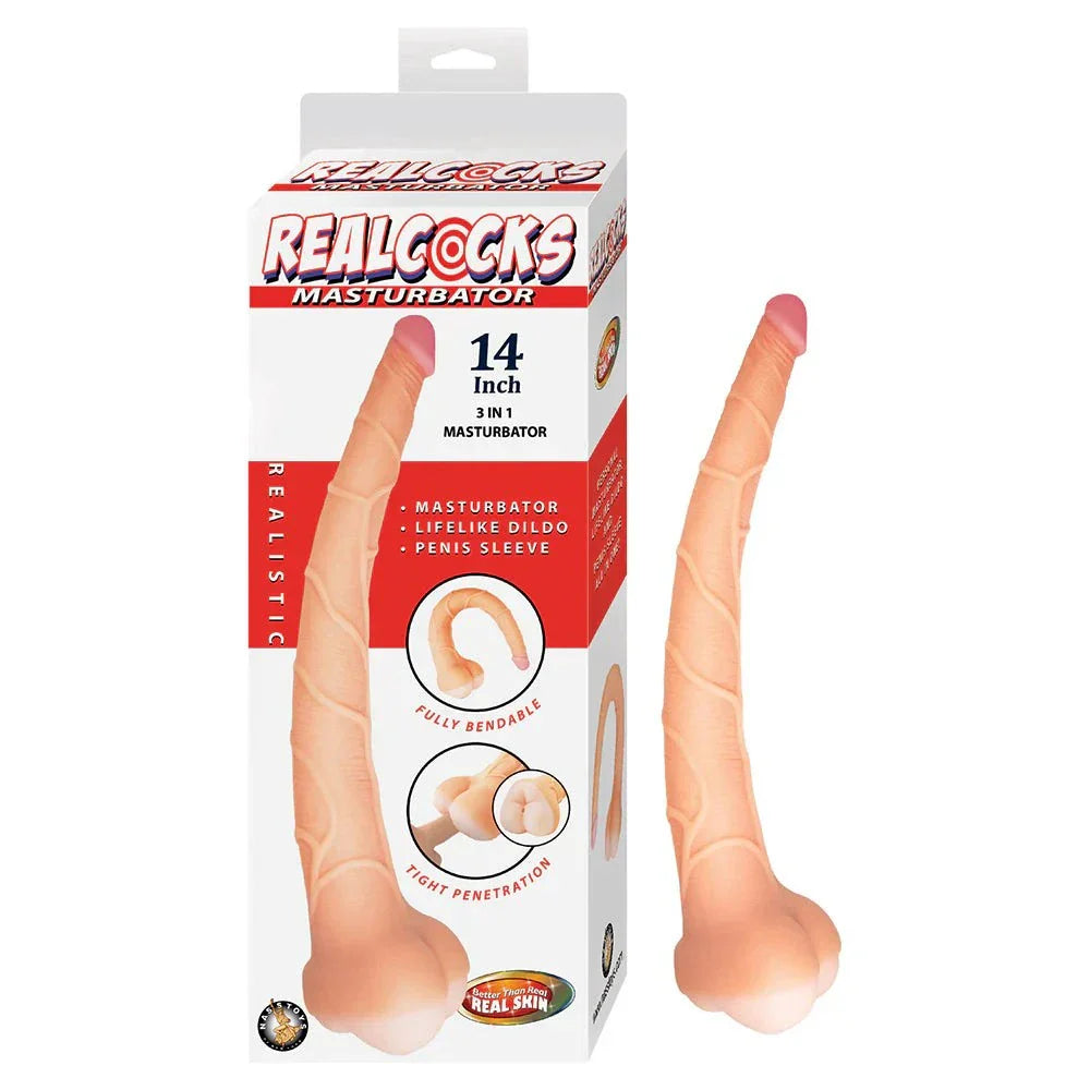 RealCocks Masturbator 14-inch lifelike beige dildo, sleeve, and stroker with realistic texture and flexible design