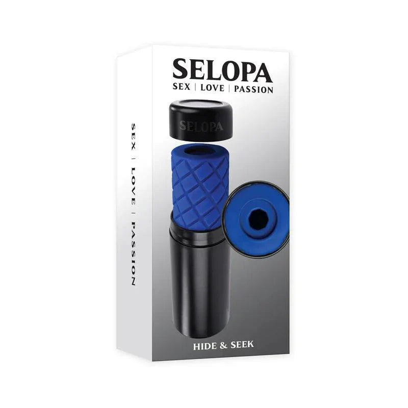 Selopa Hide & Seek Stroker handheld quilted soft stroker with removable beaded inner channel in blue and black, non-vibrating, waterproof, phthalate and latex-free