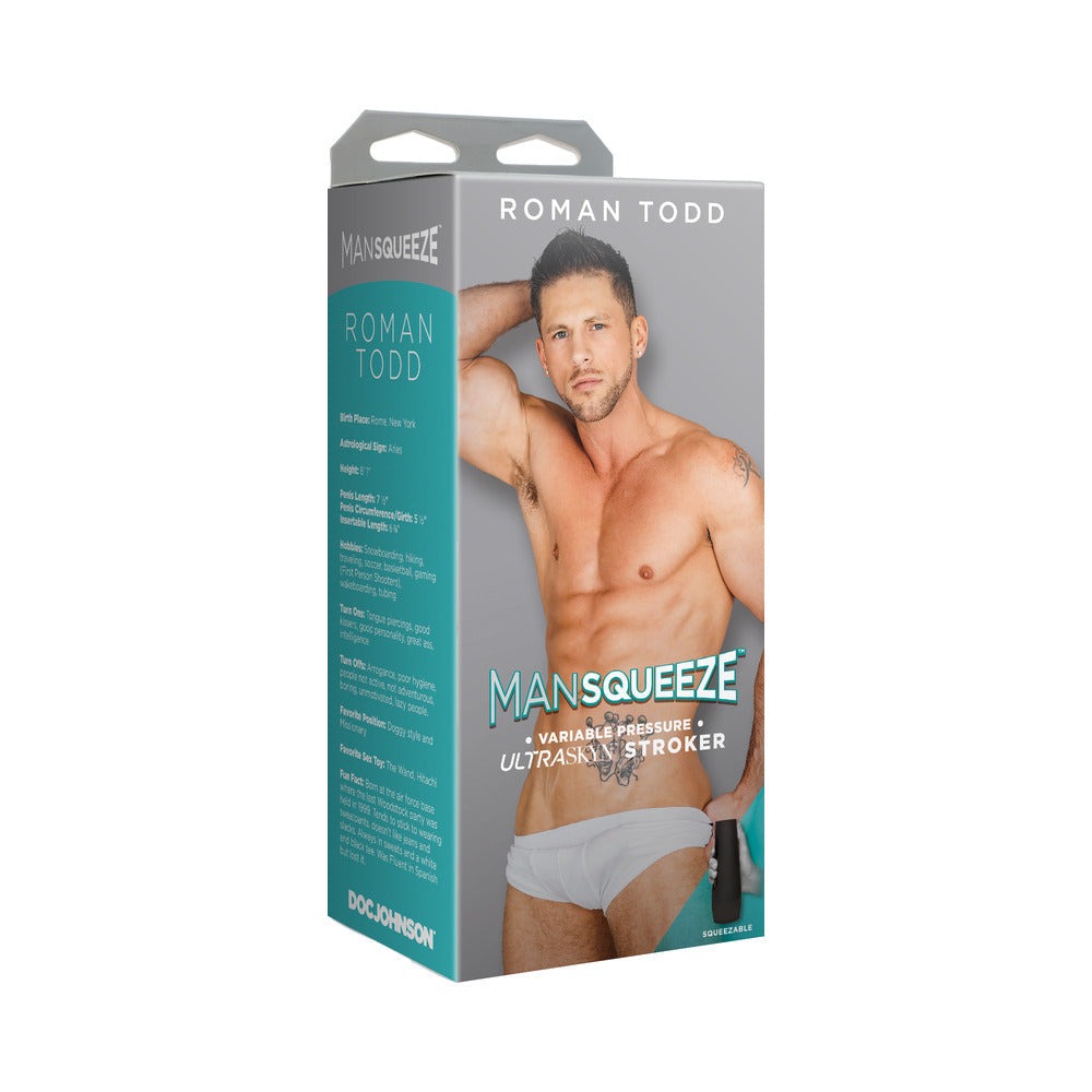 Roman Todd ULTRASKYN Man Squeeze stroker with lifelike textured interior and adjustable squeeze plate in discreet travel case