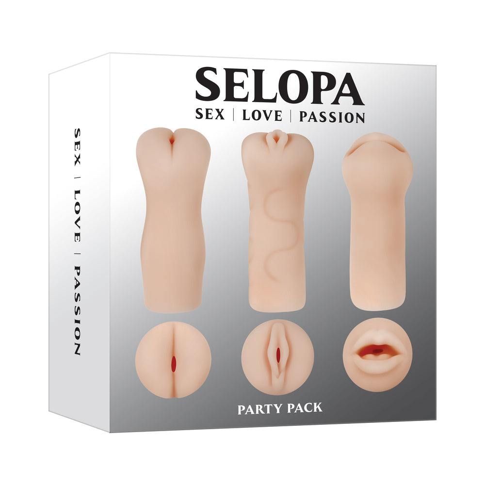 Selopa Party Pack 3-piece life-like strokers set mimicking anal, vaginal, and oral textures, waterproof and body-safe TPE.