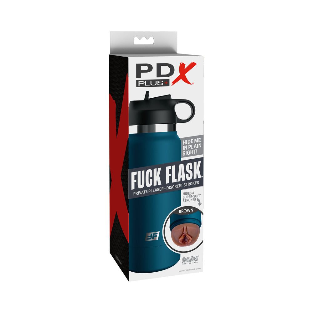 PDX Plus Fuck Flask discreet water bottle stroker in blue with brown realistic sleeve packaging