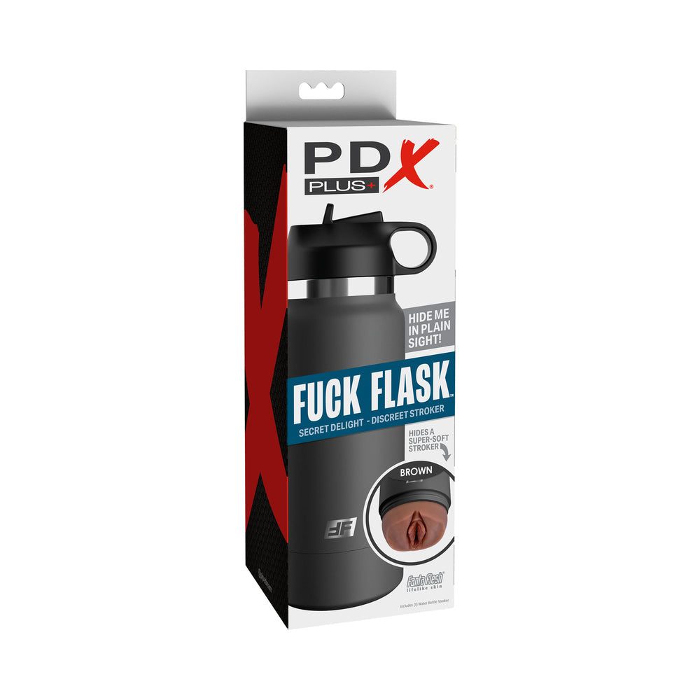 PDX Plus Fuck Flask discreet water bottle stroker in grey and brown packaging, designed as a realistic, modern, reusable bottle with a soft internal sleeve and flip-top suction control lid.