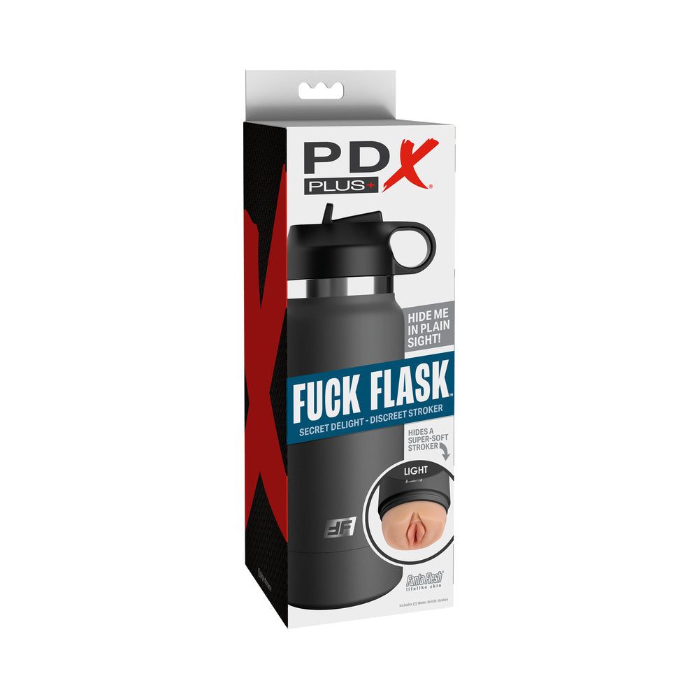 PDX Plus Fuck Flask discreet water bottle stroker in grey with realistic sleeve and flip-top suction lid for privacy and pleasure