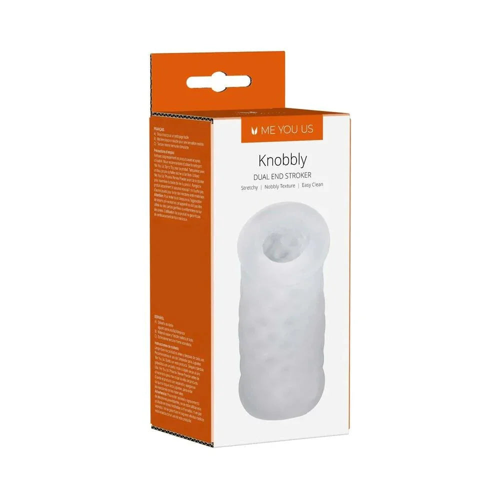 Me You Us Knobbly Dual End Stroker with textured nubby interior, stretchy fit, dual openings, easy to clean personal pleasure sleeve