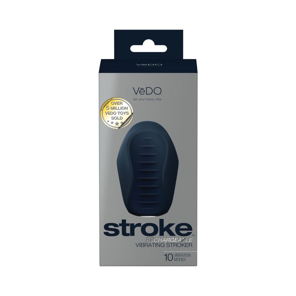 VeDO Stroke Rechargeable vibrating stroker in black with ribbed silicone texture and 10 vibration modes.