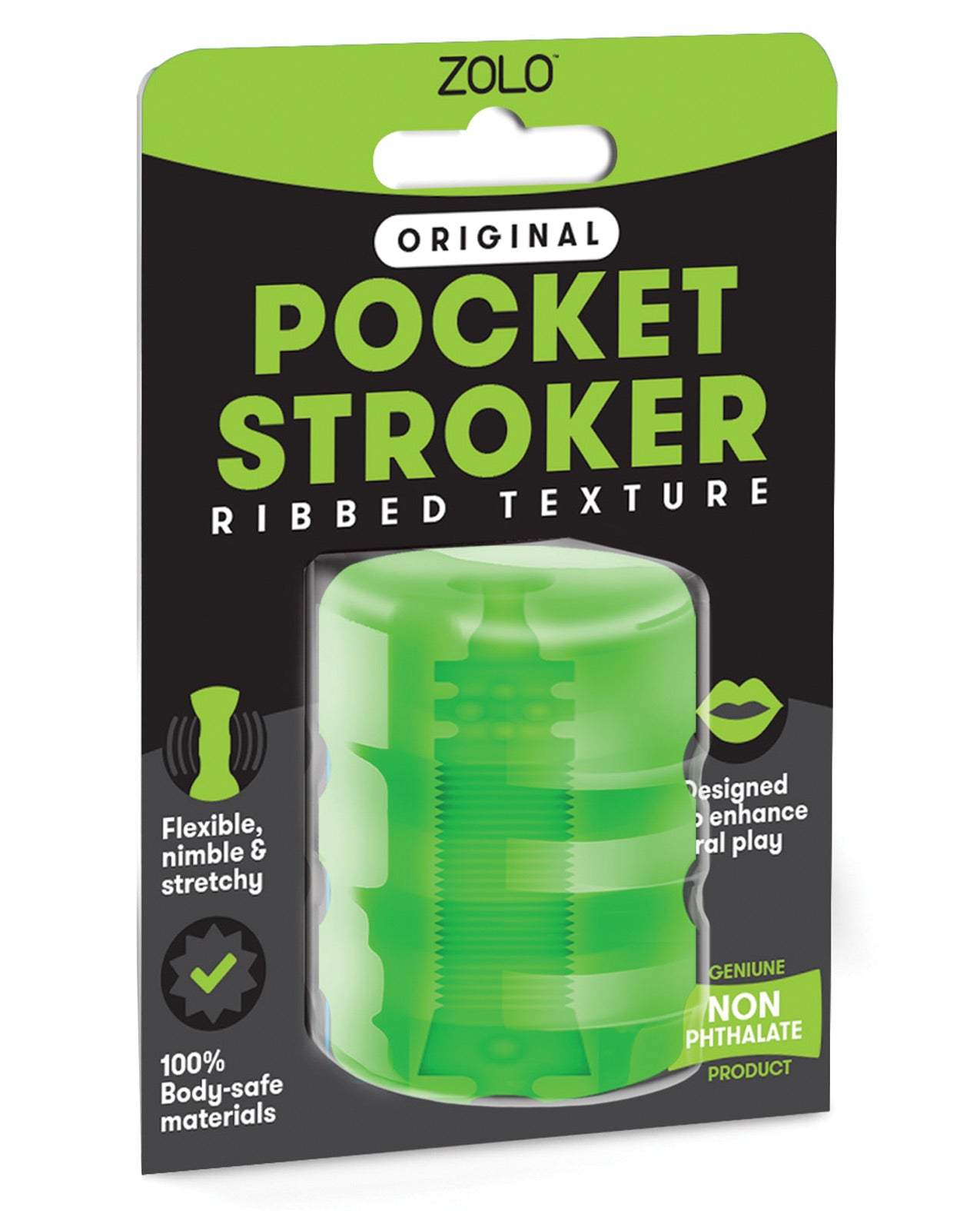 ZOLO Original Pocket Stroker in green with ribbed texture, flexible, stretchy, and made from 100% body-safe materials in resealable packaging.