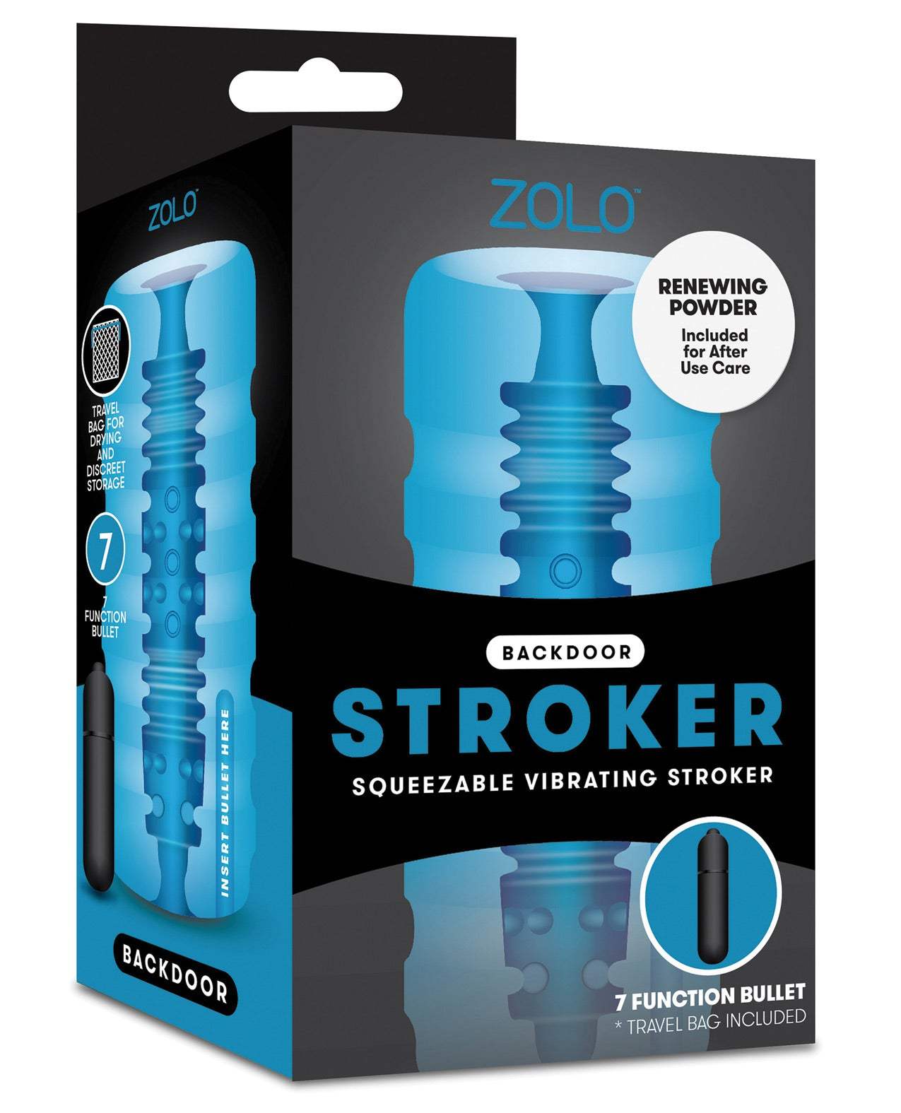 ZOLO Backdoor Squeezable Vibrating Stroker with textured sleeve and 7 function bullet in black and blue packaging