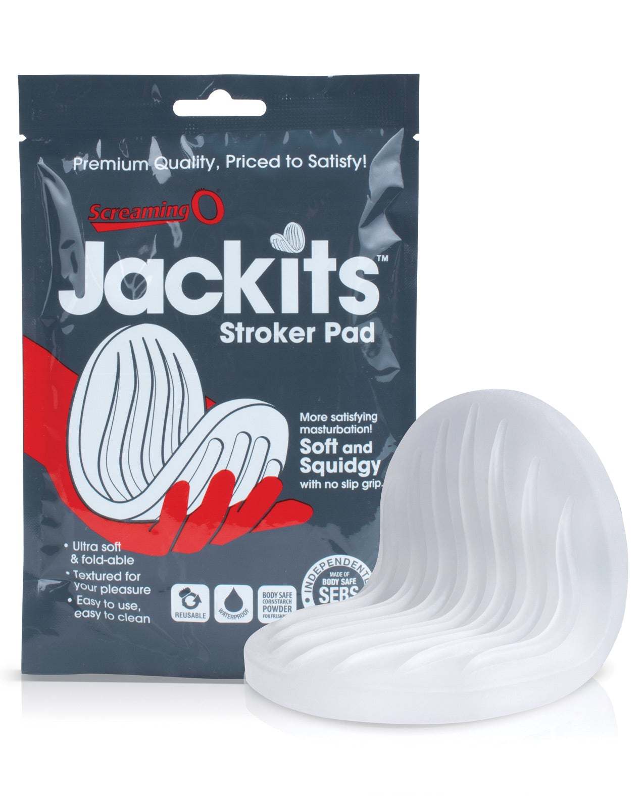 Screaming O Jackits clear stroker pad, ultra-soft, foldable, textured masturbation aid with non-slip grip and body-safe SEBS material.