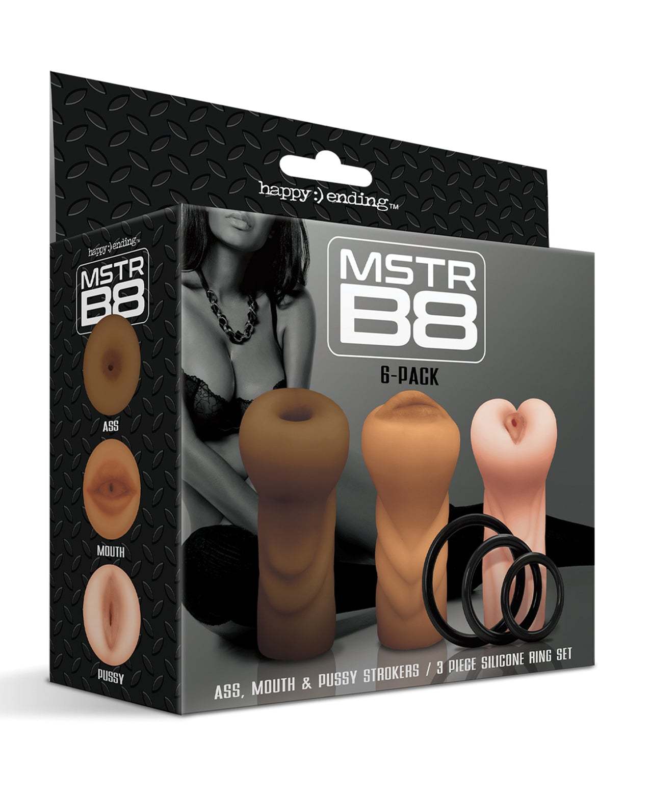 MSTR B8 Stroker Set with three realistic textured sleeves and three silicone C-rings in assorted sizes for versatile pleasure