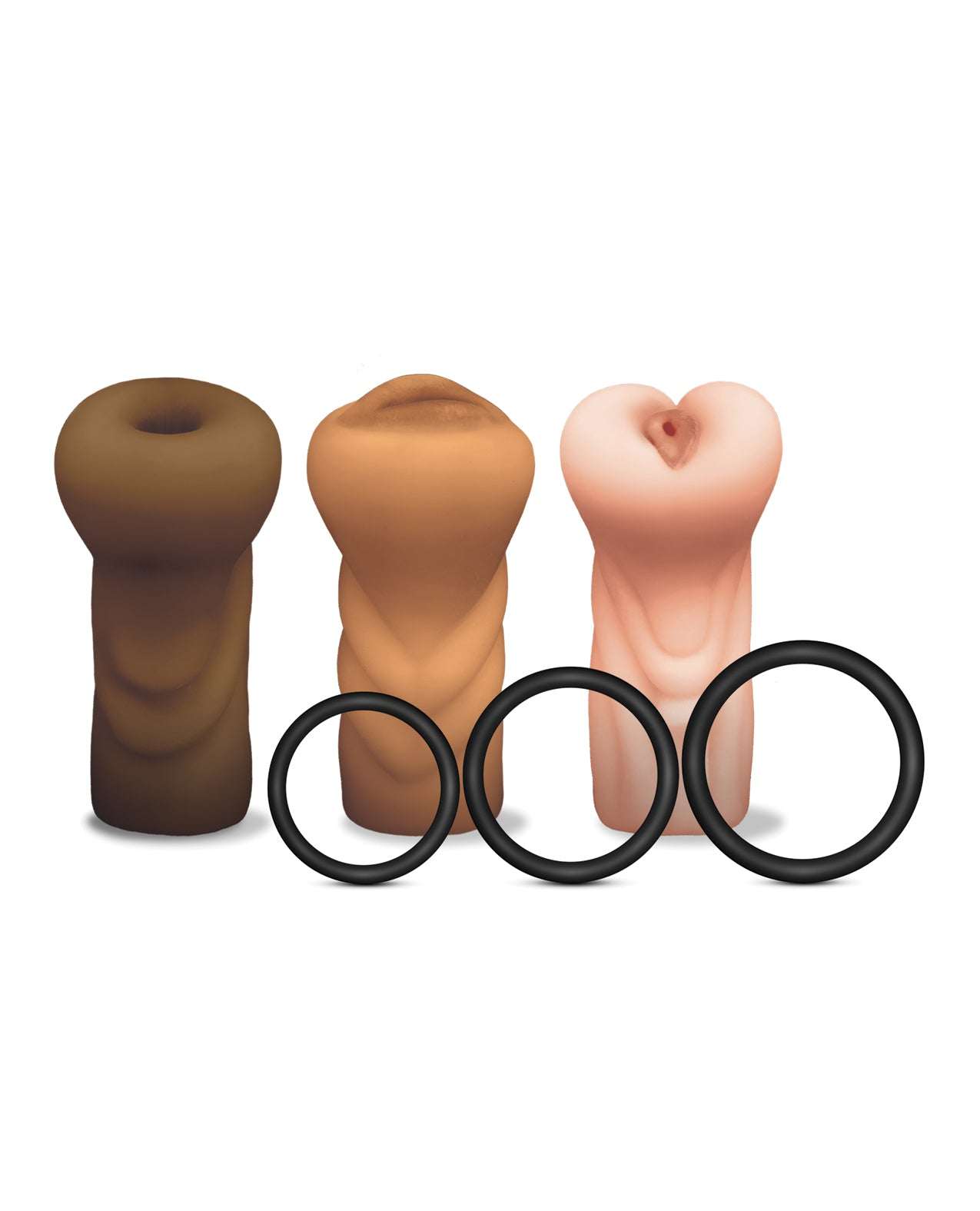 MSTR B8 Stroker Set with three textured sleeves and three silicone C-rings in assorted sizes for realistic pleasure.