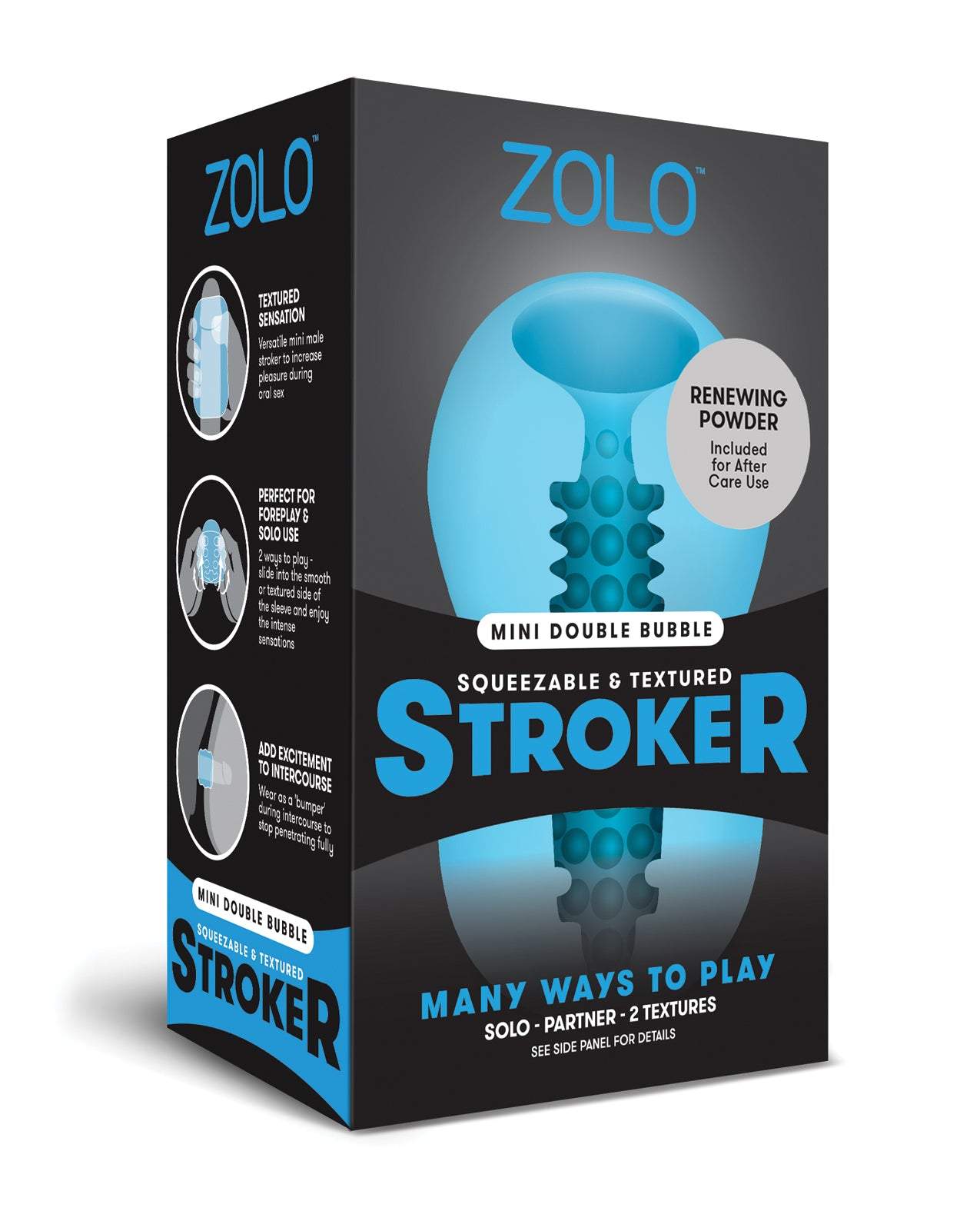 Zolo Mini Stroker Blue squeezable and textured male sleeve with renewing powder for solo or partner play