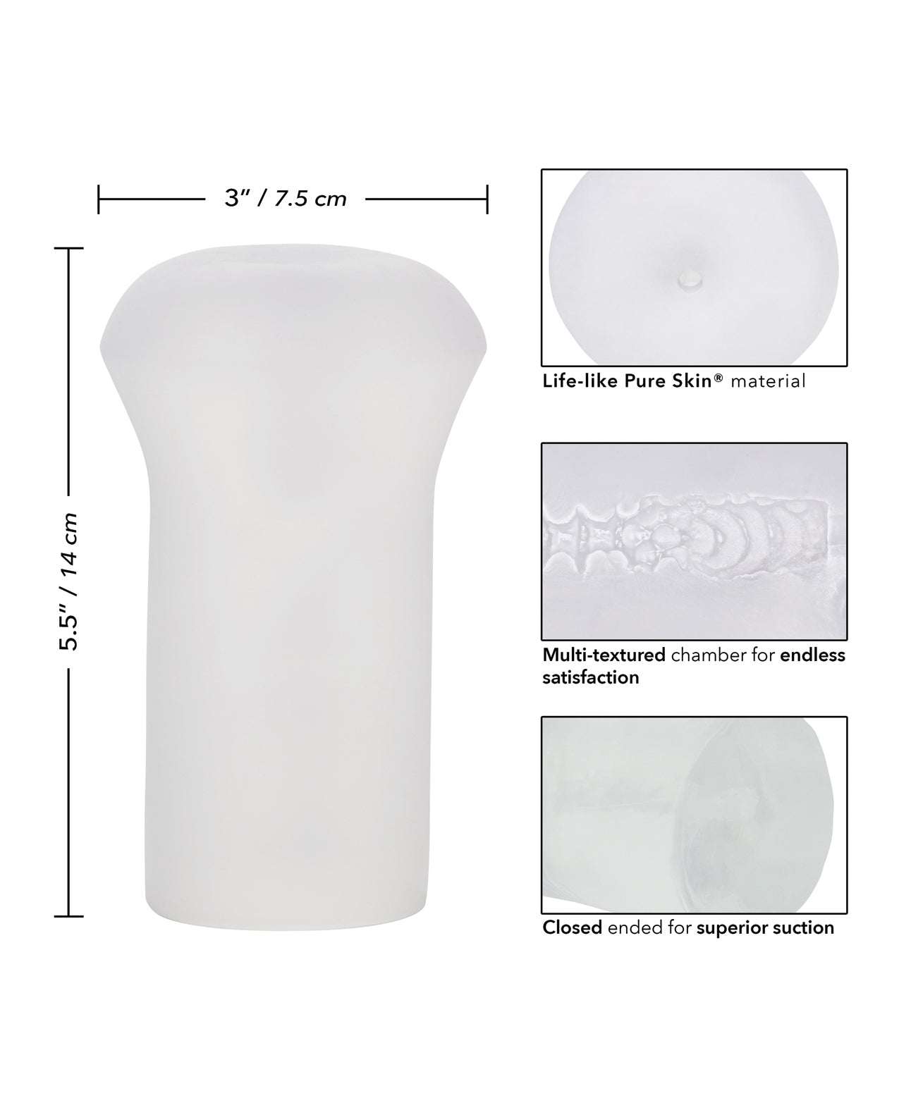 Boundless Stroker Frost adult toy made of soft life-like Pure Skin material with multi-textured chamber and closed-ended design for superior suction and satisfaction.