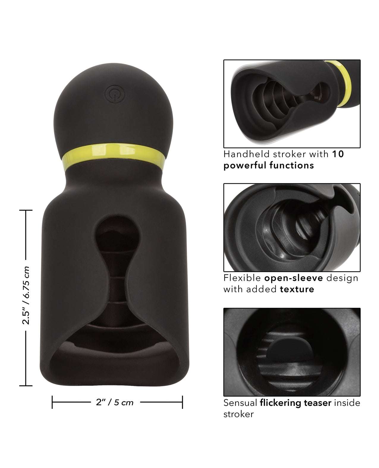 Boundless Flickering Stroker black handheld masturbator with 10 vibration functions and textured open-sleeve design