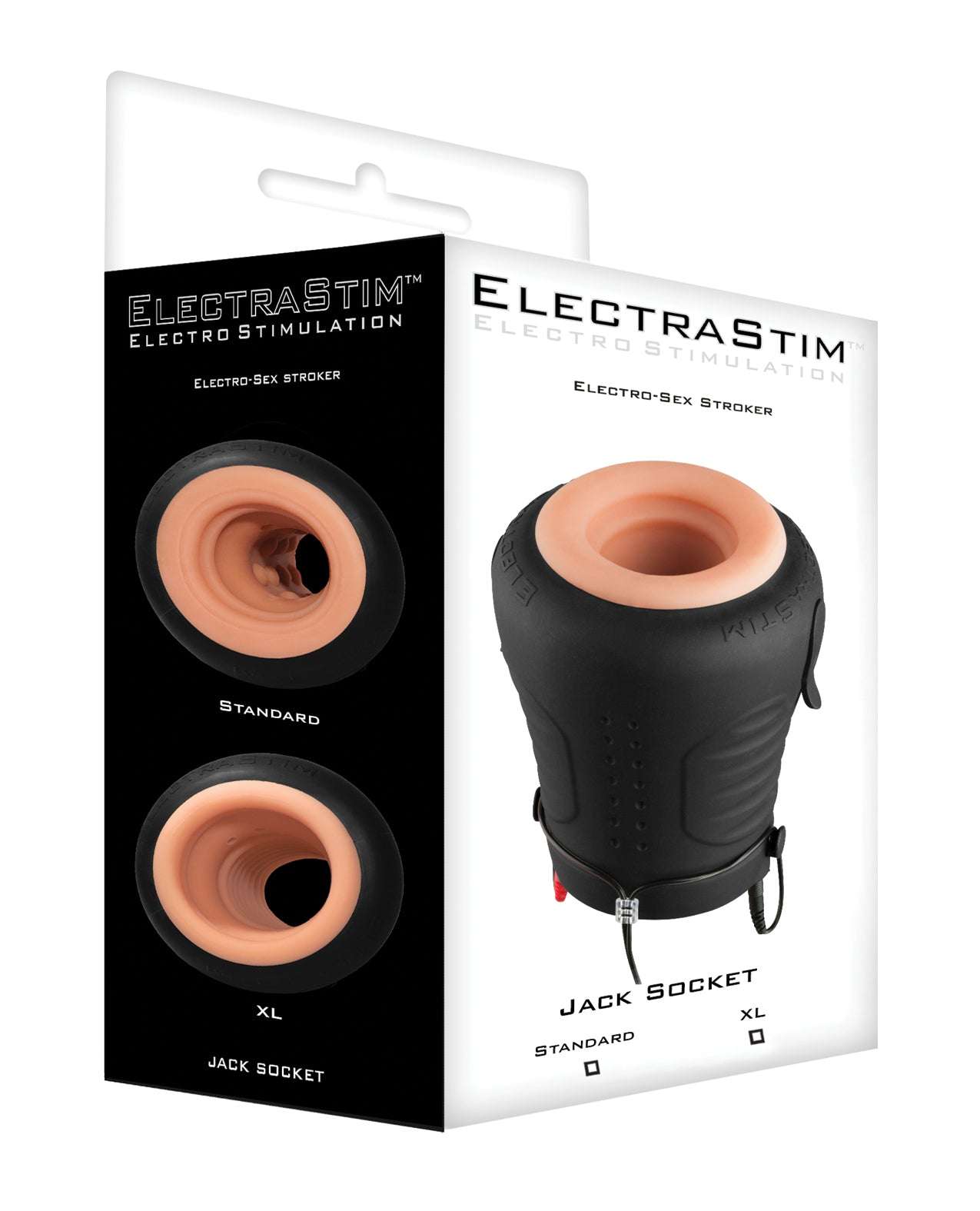 ElectraStim Jack Socket electro-sex stroker with standard and XL sleeves in black silicone casing