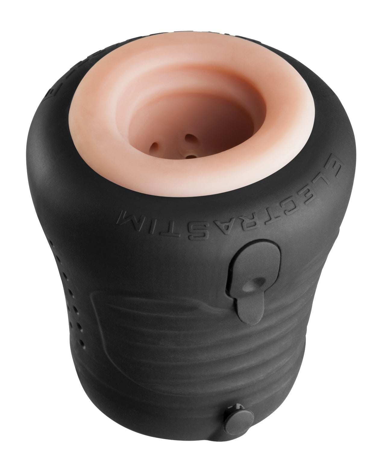 ElectraStim Jack Socket e-stim stroker with black silicone outer casing and textured inner sleeve for men's pleasure
