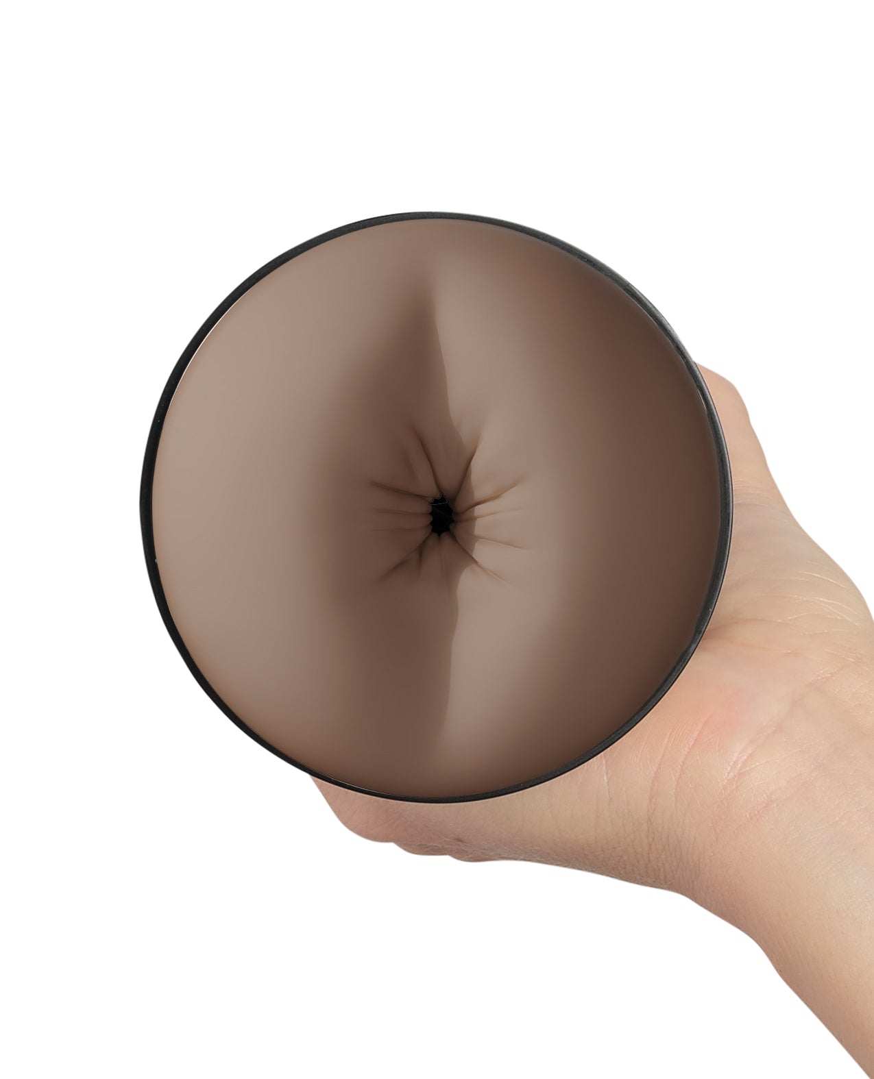 Kiiroo Feel Stroker Generic Butt in mid brown held in hand with realistic skin-like texture and orifice design