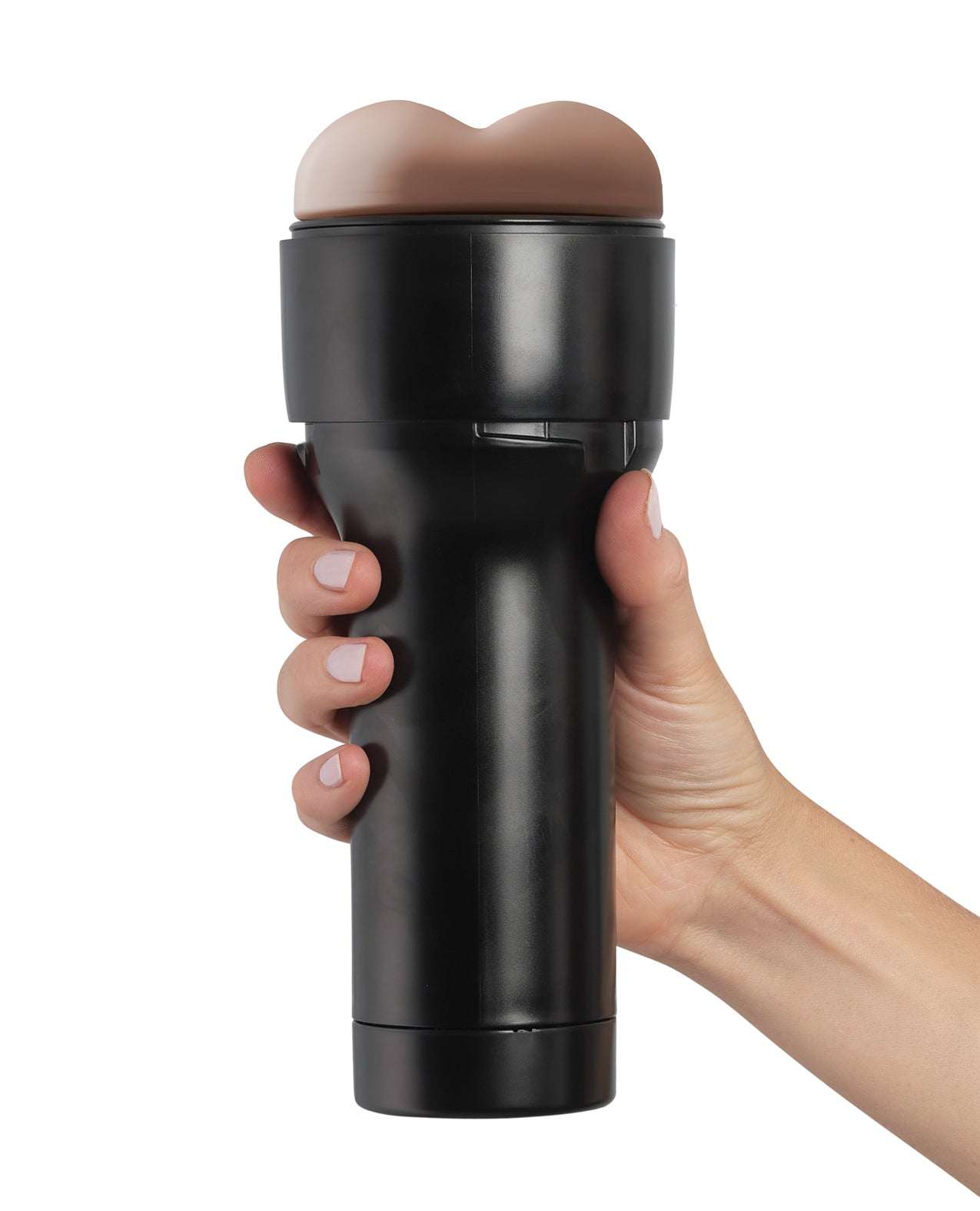 Kiiroo Feel Stroker Generic Butt in mid brown held in hand with black casing for realistic sensations and interactive use