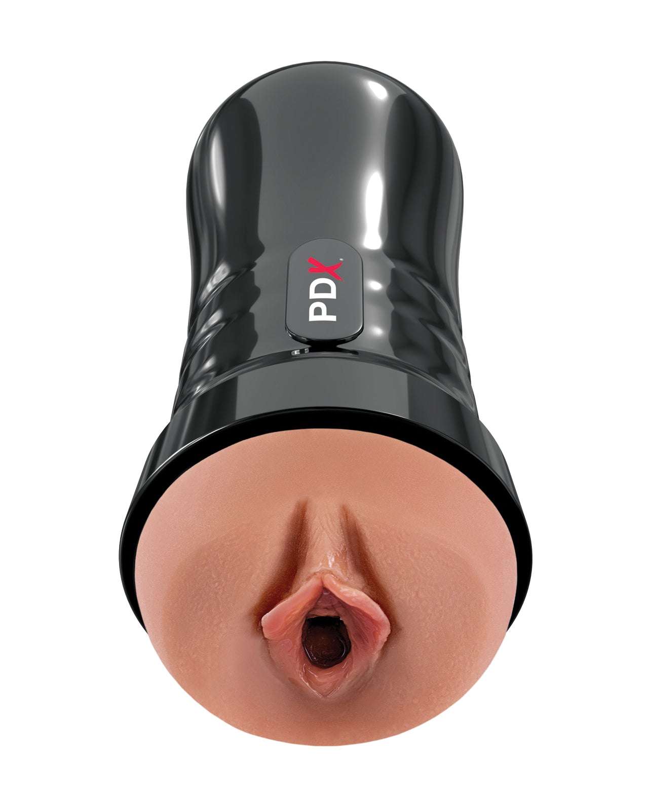 Super Juicy Snatch self-lubricating brown stroker with realistic details and black ergonomic case