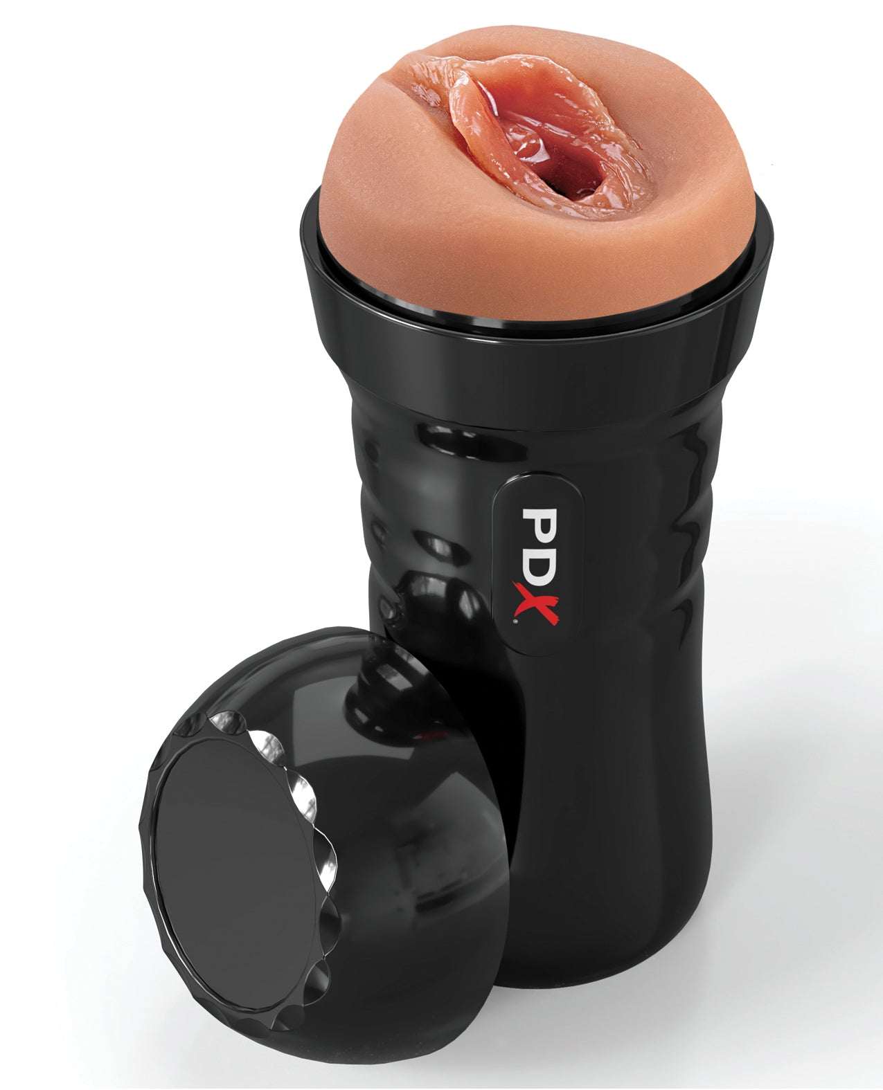 Super Juicy Snatch self-lubricating stroker in brown with black ergonomic case and realistic inner tunnel