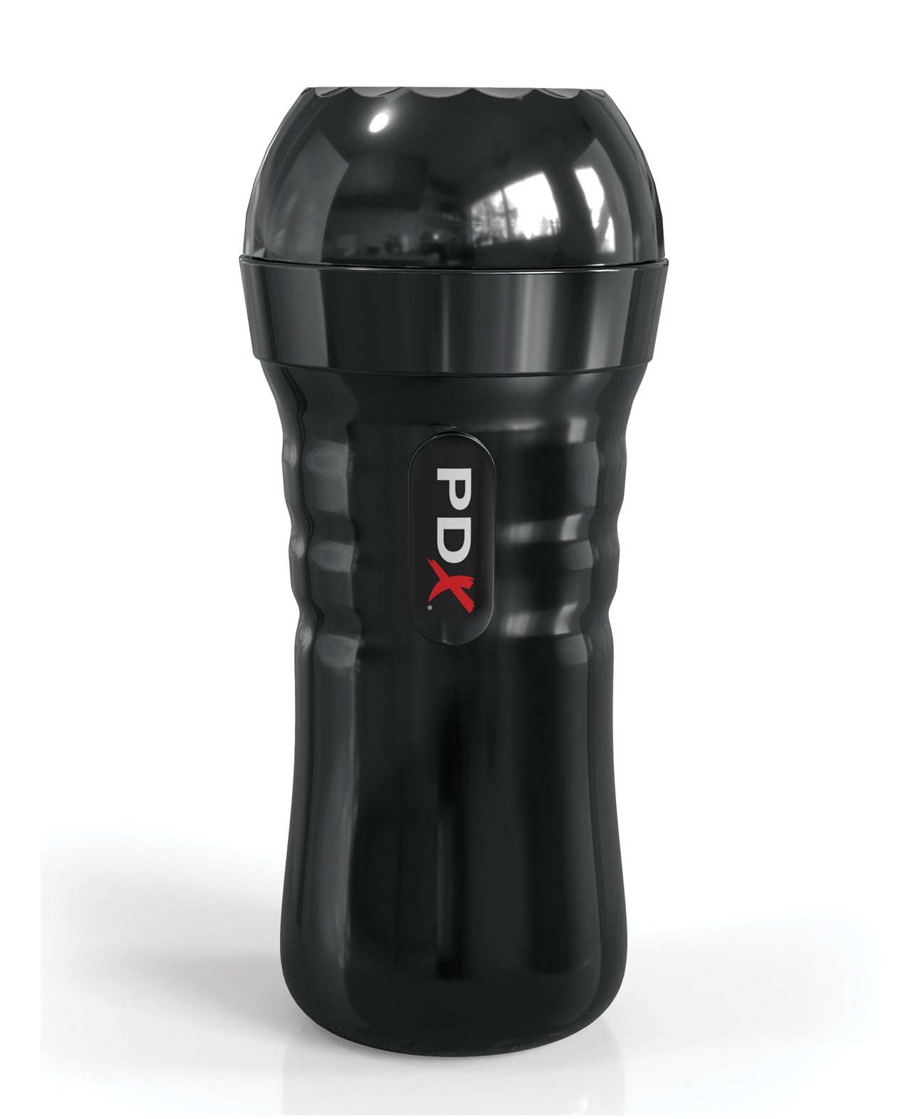 Black ergonomic self-lubricating stroker with sleek case, Super Juicy Snatch design, 8.3-inch length, water-activated lubrication, and textured grip.