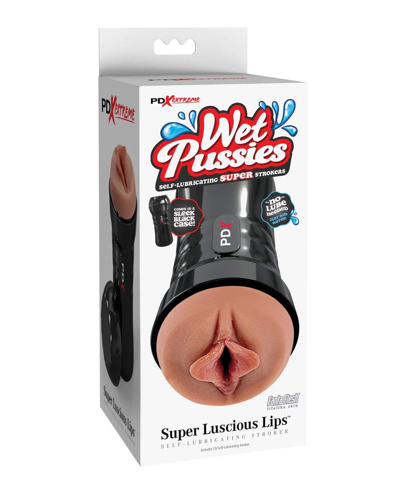 Wet Pussies Super Luscious Lips Self Lubricating Stroker with realistic brown lips and sleek black case, self-lubricating, water-activated pleasure toy.