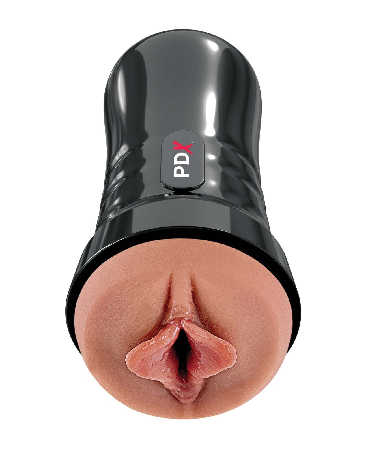 Super Luscious Lips Self Lubricating Stroker with realistic brown vaginal design in sleek black case, self-lubricates with water.