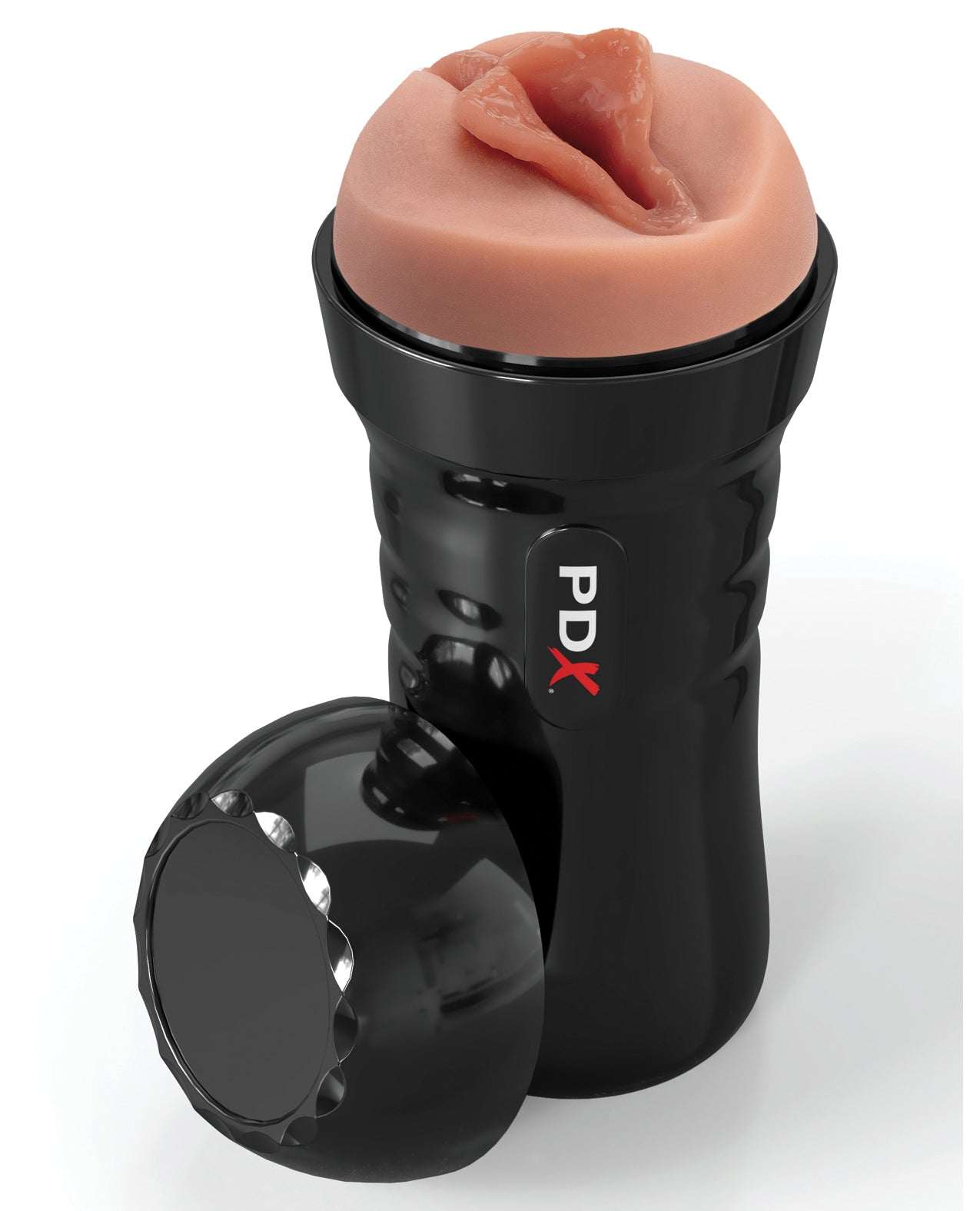 Super Luscious Lips Self Lubricating Stroker with realistic textured pleasure tunnel and sleek black ergonomic case, self-lubricates with water.