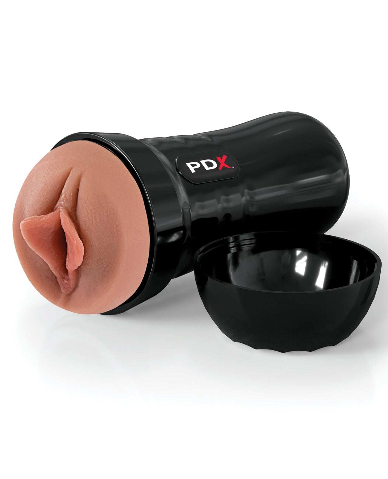 Super Luscious Lips self lubricating stroker with realistic design and black ergonomic case, brown color, water-activated lubrication.