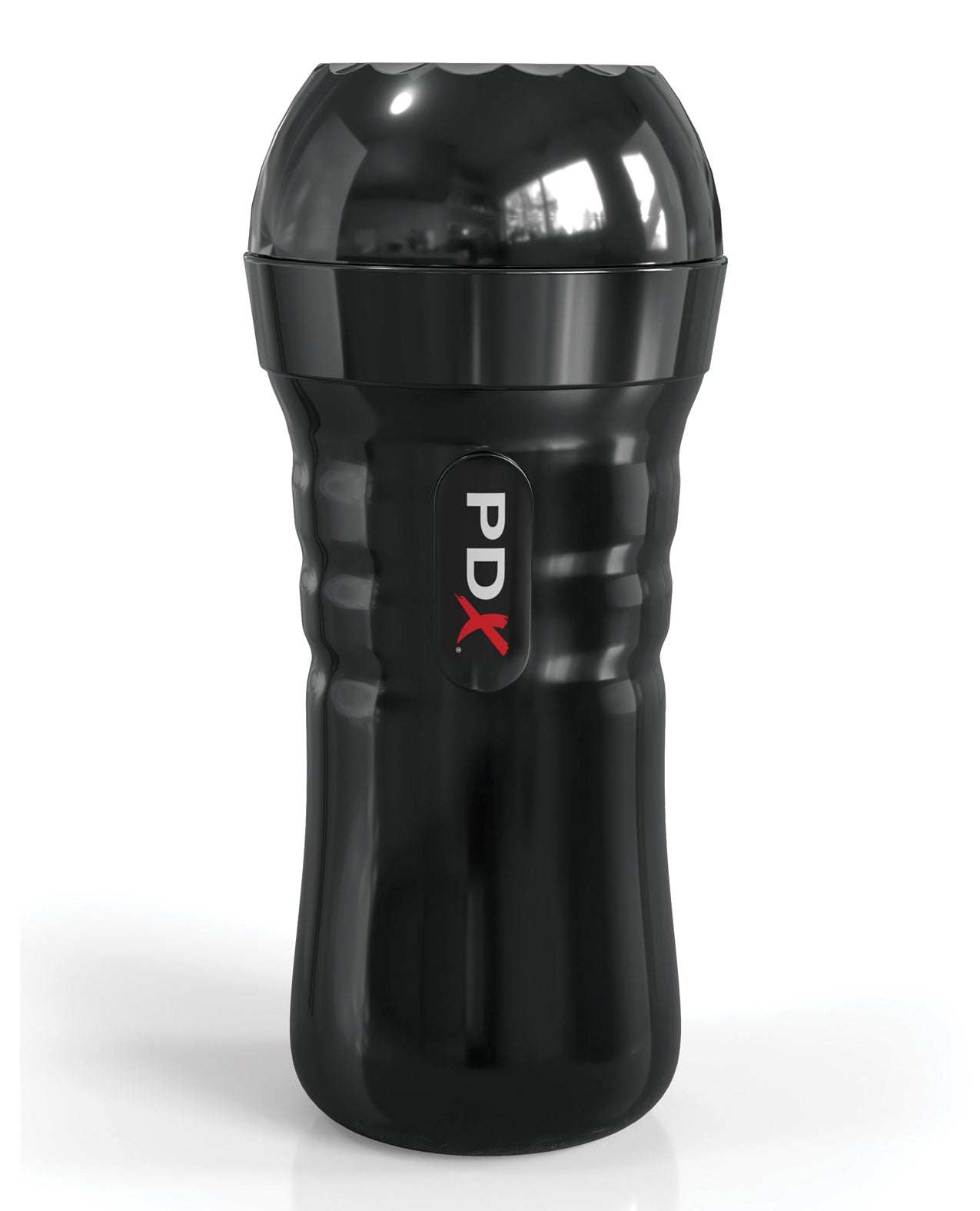 Black ergonomic self-lubricating male stroker with sleek casing and PDX logo