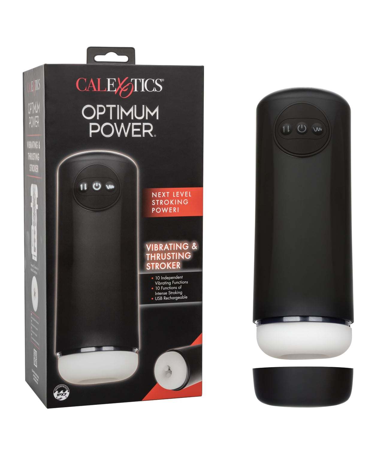 Optimum Power Vibrating & Thruster Stroker with 10 vibration and stroking functions, USB rechargeable, waterproof, and removable textured sleeve.