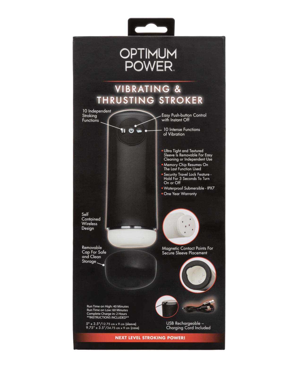 Optimum Power Vibrating & Thruster Stroker with 10 vibration and stroking functions, waterproof, USB rechargeable, and removable textured sleeve for customizable pleasure