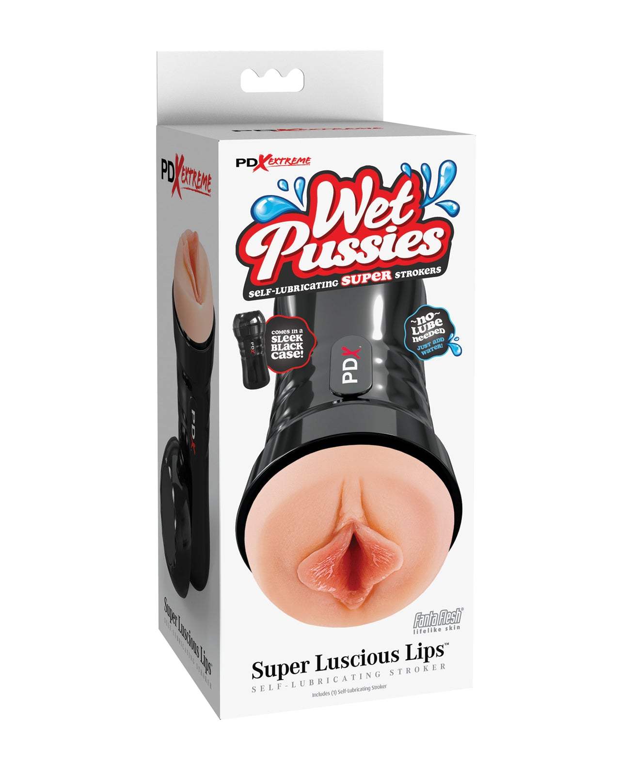 Wet Pussies Super Luscious Lip self-lubricating stroker with realistic texture and sleek black case, just add water for lubrication.