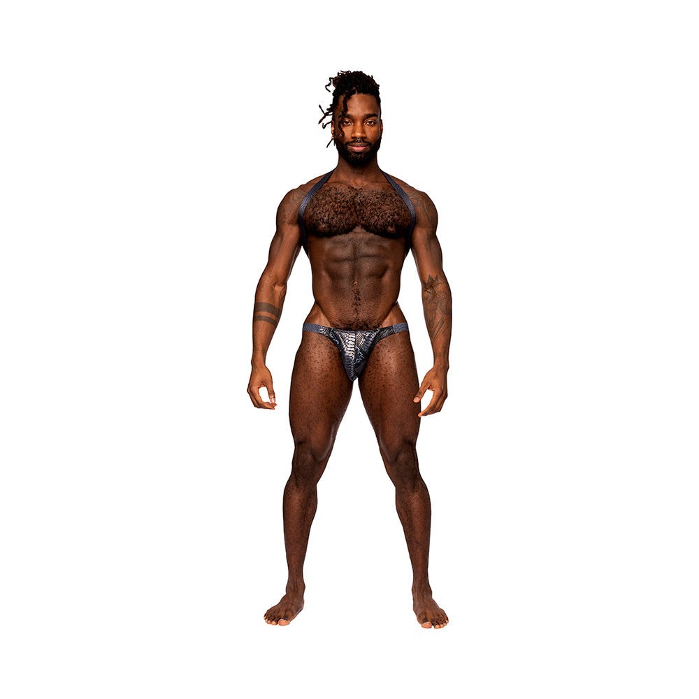 Male model wearing Male Power S'naked black and blue shoulder sling harness thong one-piece in size S/M