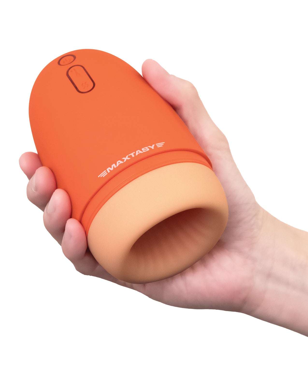 Maxtasy Stamina Master orange vibrating and heating male stroker held in hand for enhanced pleasure