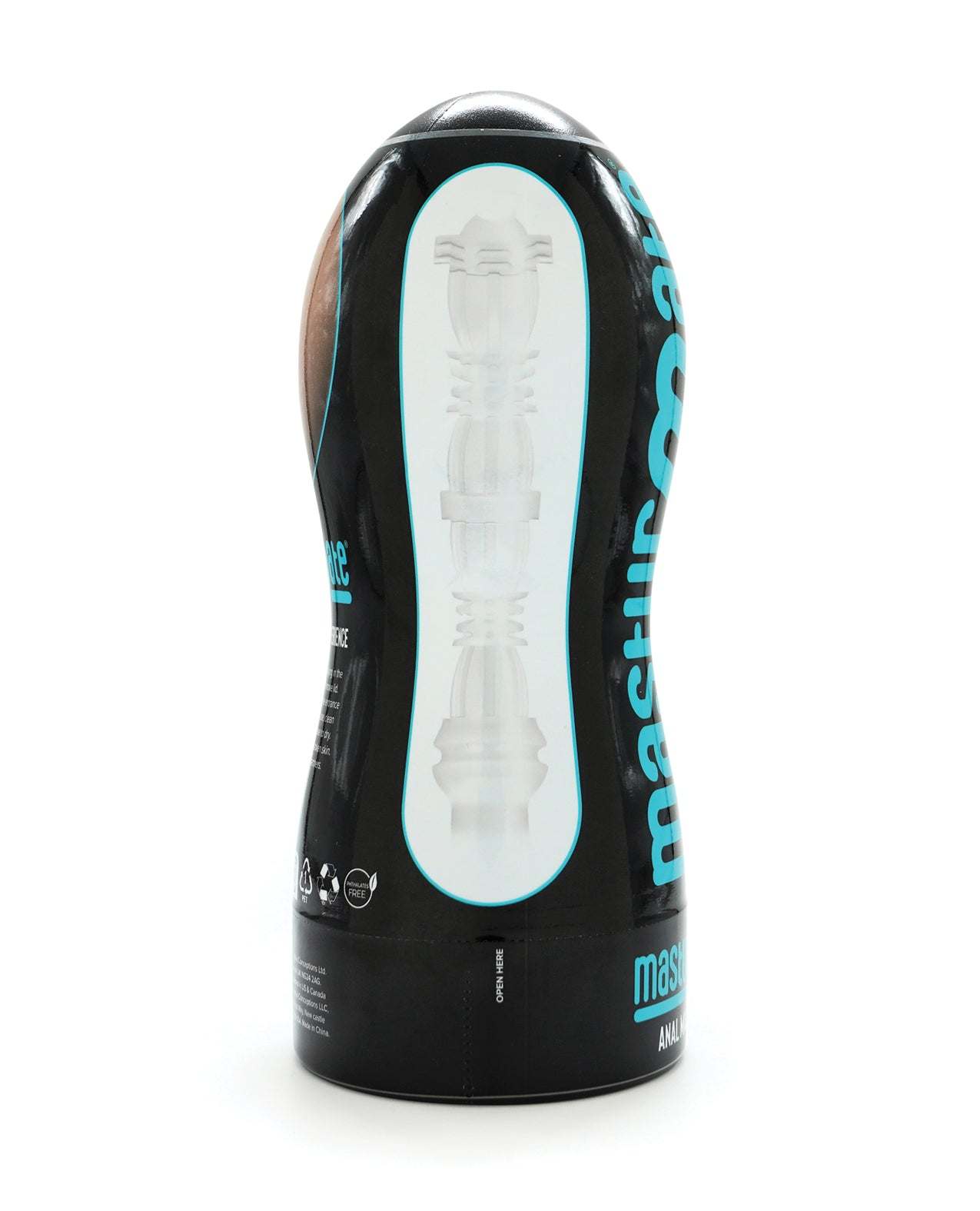 Masturmate Butt Stroker male masturbator in black sleek container with textured internal design for realistic anal sensation