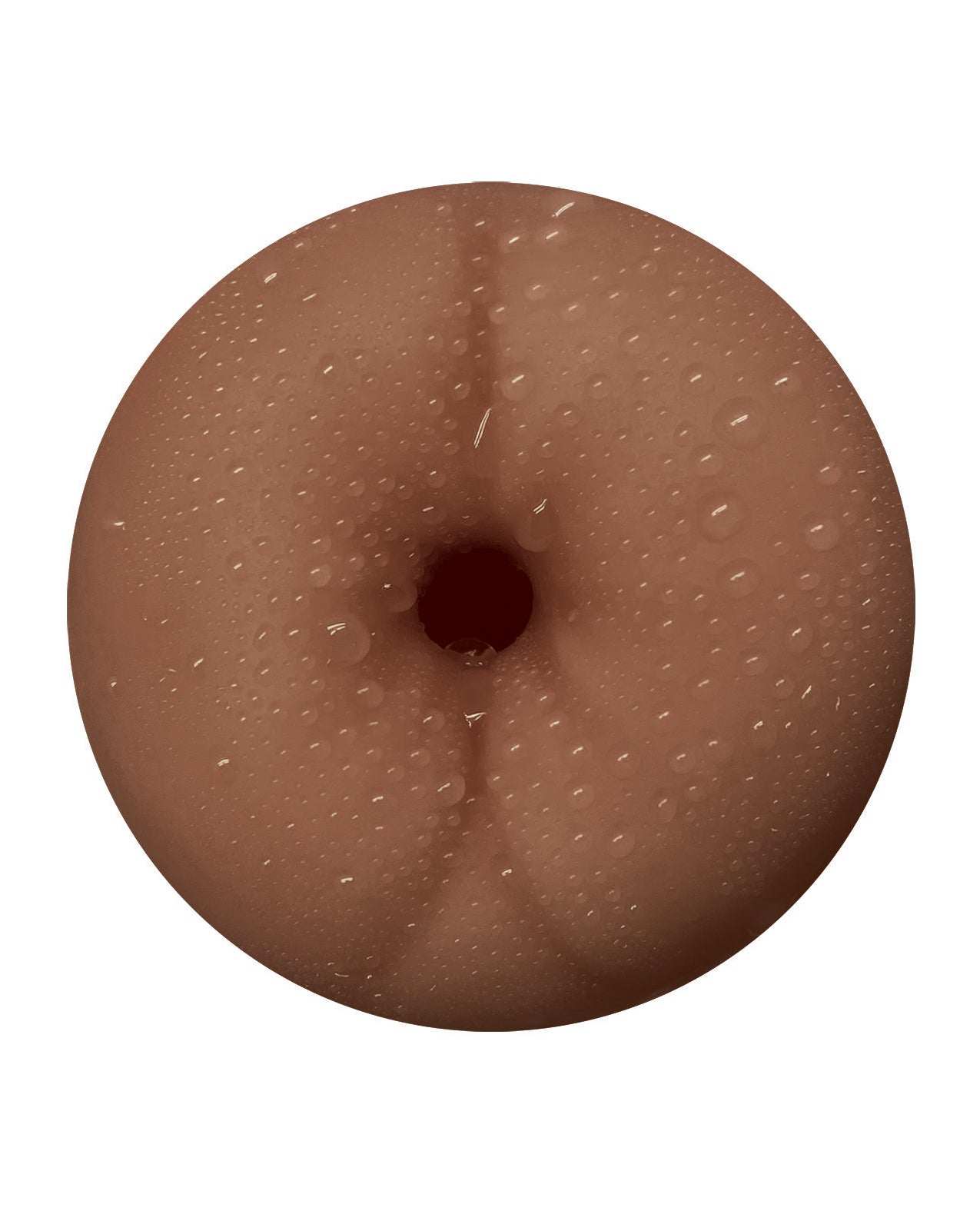 Masturmate Butt Stroker in mocha color with realistic anal texture and water droplets for male pleasure.