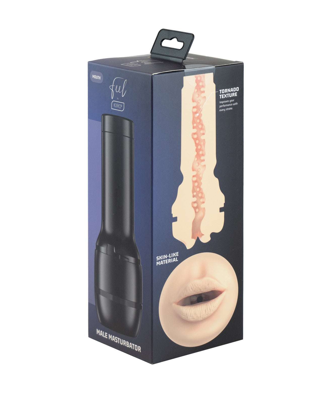 Kiiroo Feel Mouth Stroker male masturbator with tornado texture and skin-like material in pale color packaging