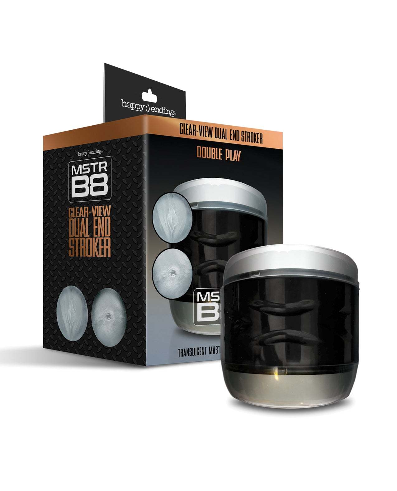 MSTR B8 Double Play clear-view dual ended male stroker with realistic textured tunnels and compact design