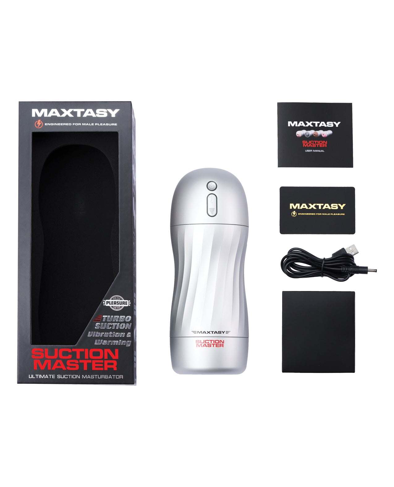 Maxtasy Suction Master realistic stroker with suction, vibration, and warming modes, nude color, and accessories.