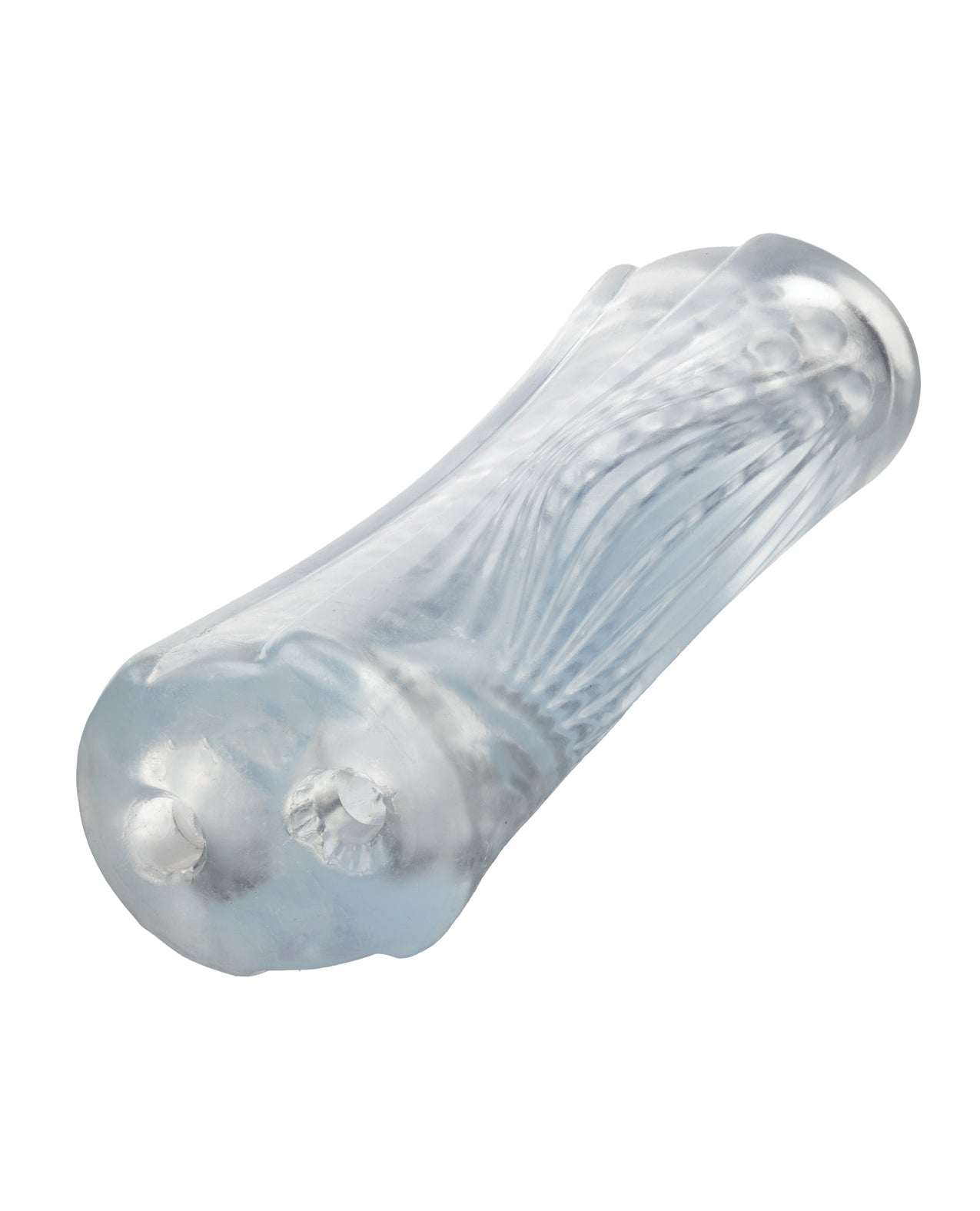 Clear Cyclone Dual Ribbed Stroker XL with dual ribbed textured chambers and open-ended design for enhanced pleasure.