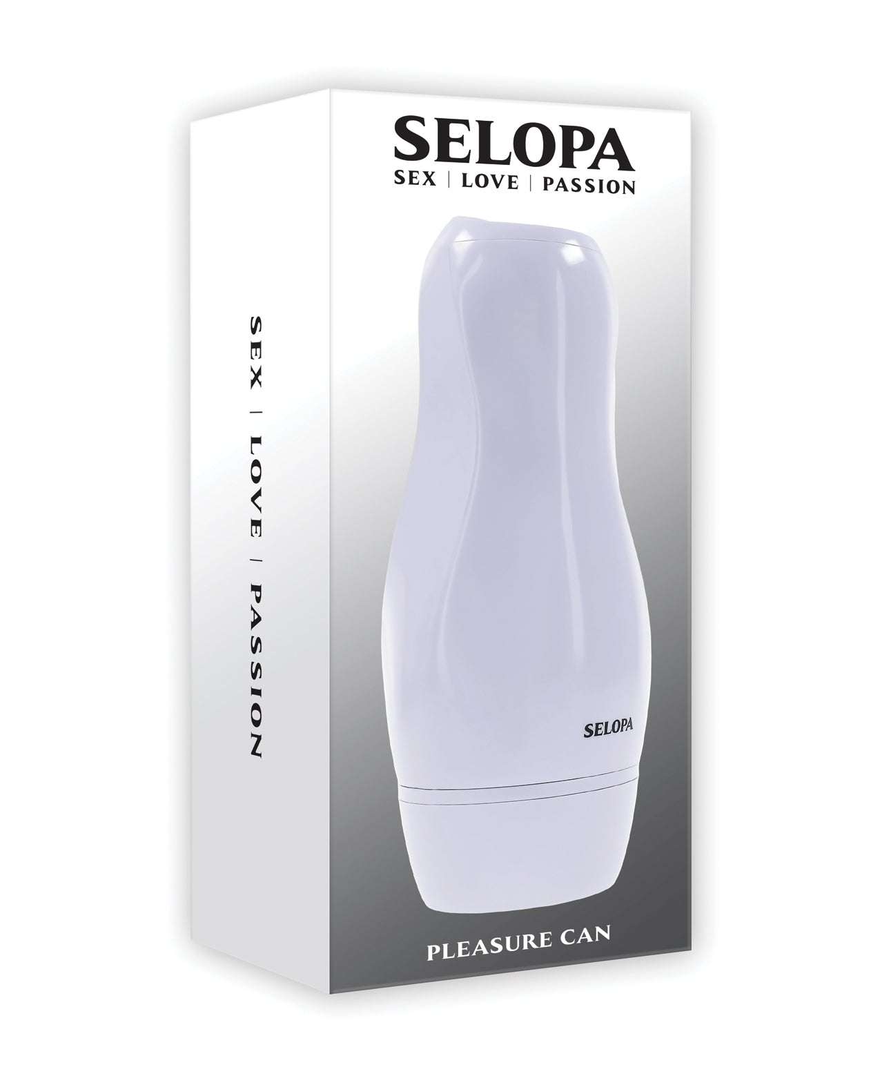 Selopa Pleasure Can Stroker in white with ergonomic design and textured vibrating channel for enhanced pleasure