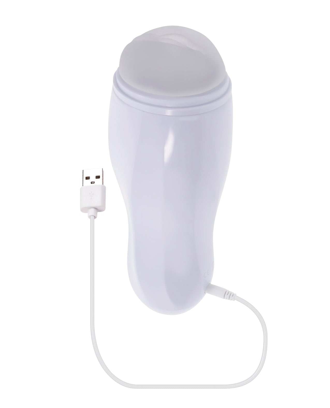 White Selopa Pleasure Can Stroker with USB charging cable for ergonomic and vibrating intimate use
