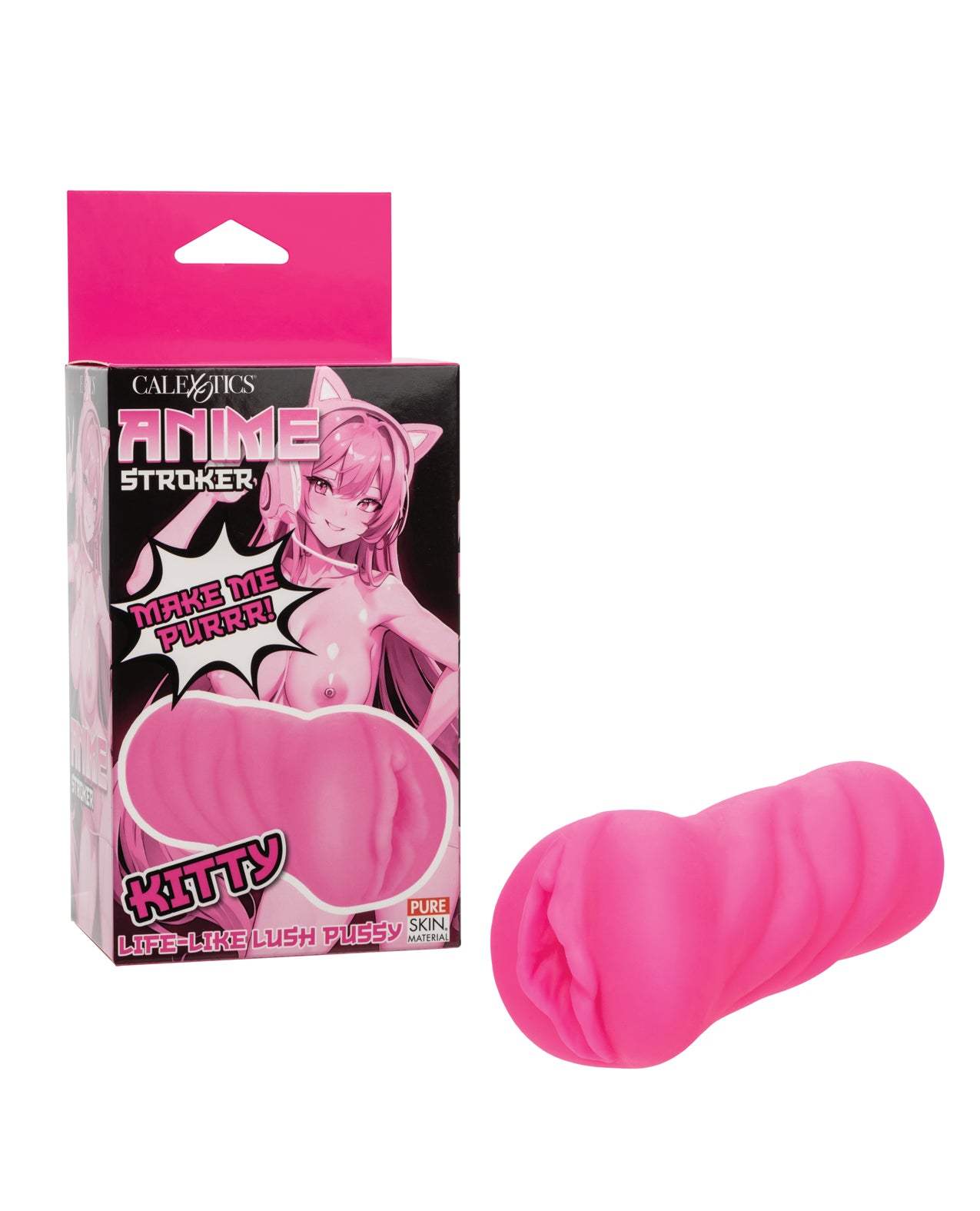 Pink Anime Stroker Kitty masturbator with lifelike texture and stretchy design next to its anime-themed packaging