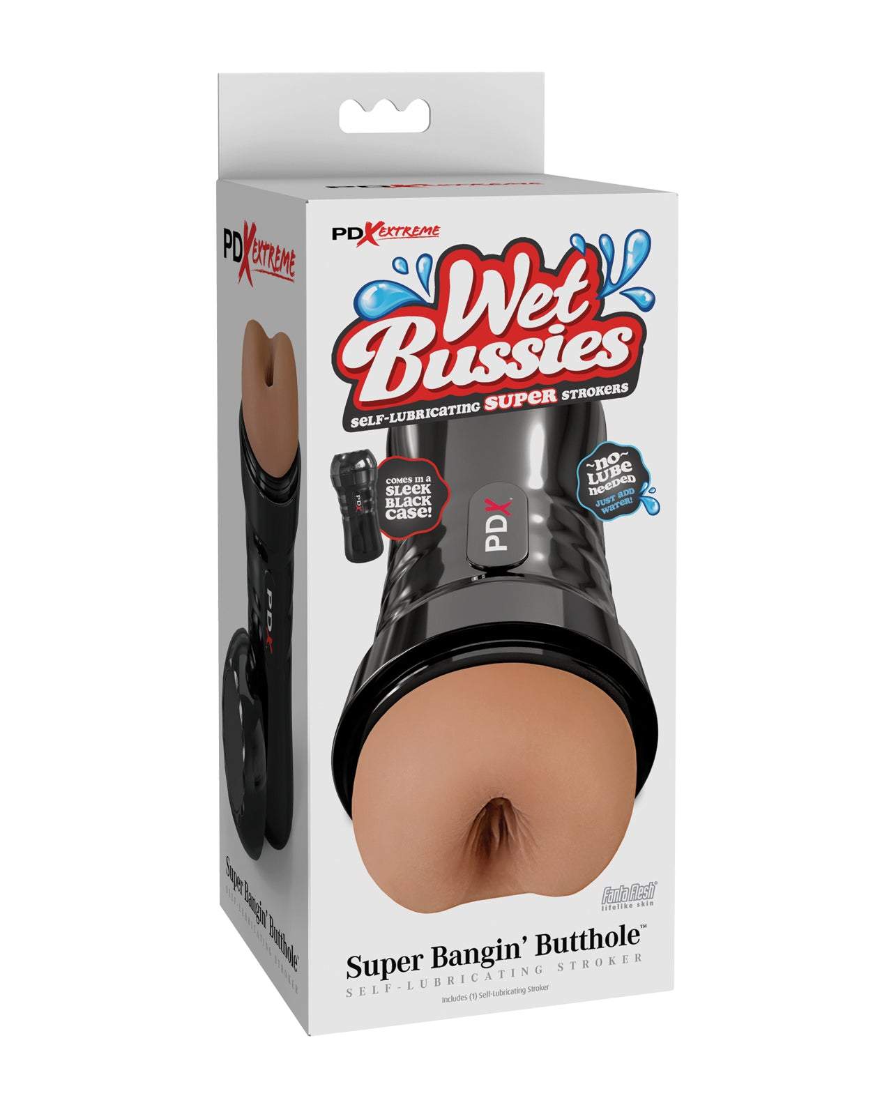 Packaging of PDX Extreme Wet Bussies Super Bangin' Butthole self-lubricating anal stroker in brown with ergonomic black case.