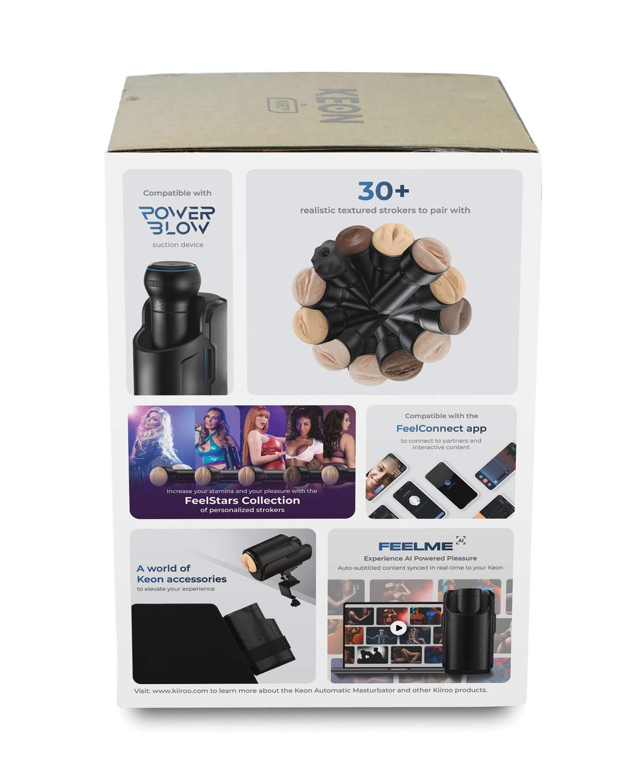 Kiiroo Keon automatic male masturbator combo set with FeelStroker and PowerBlow compatibility in black packaging